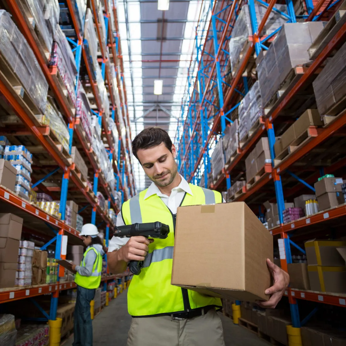 Warehouse operator scanning a pallet label